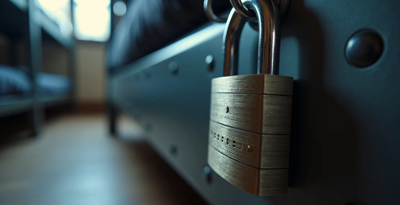 Mehrschichtiges Sicherheitssystem für Laptop im Hostel-Schlafsaal