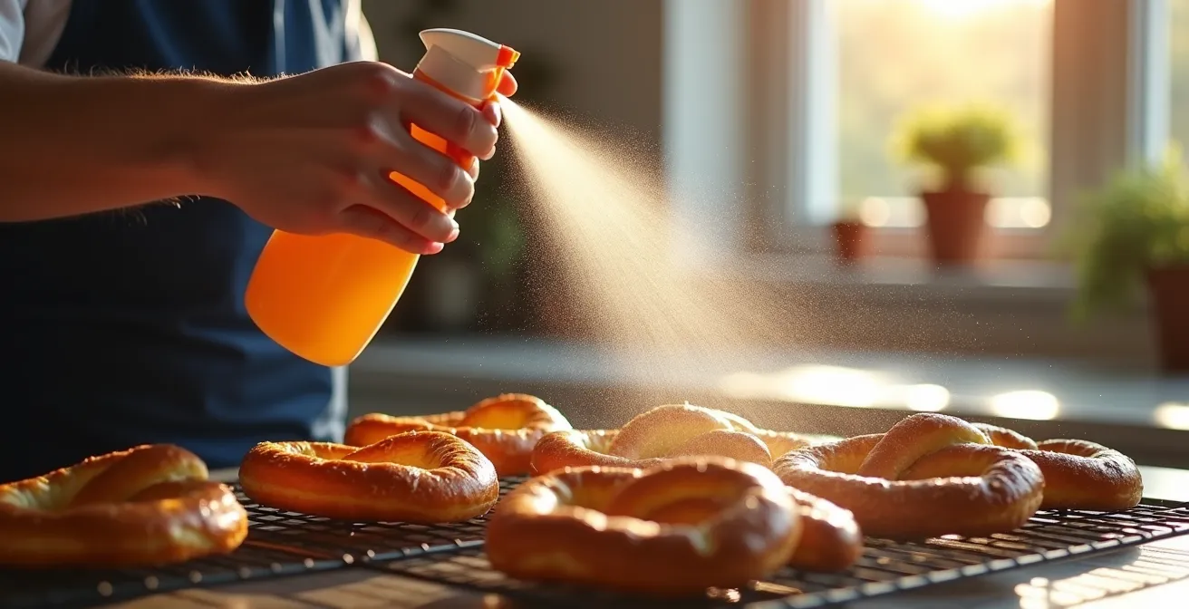 Frisches Laugengebäck wird mit Wasser besprüht vor dem Aufbacken