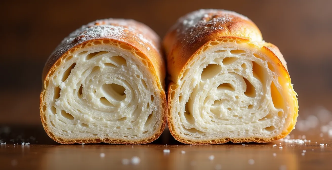 Querschnitt durch Laugenstange und Laugenbrötchen zeigt unterschiedliche Krumenstruktur