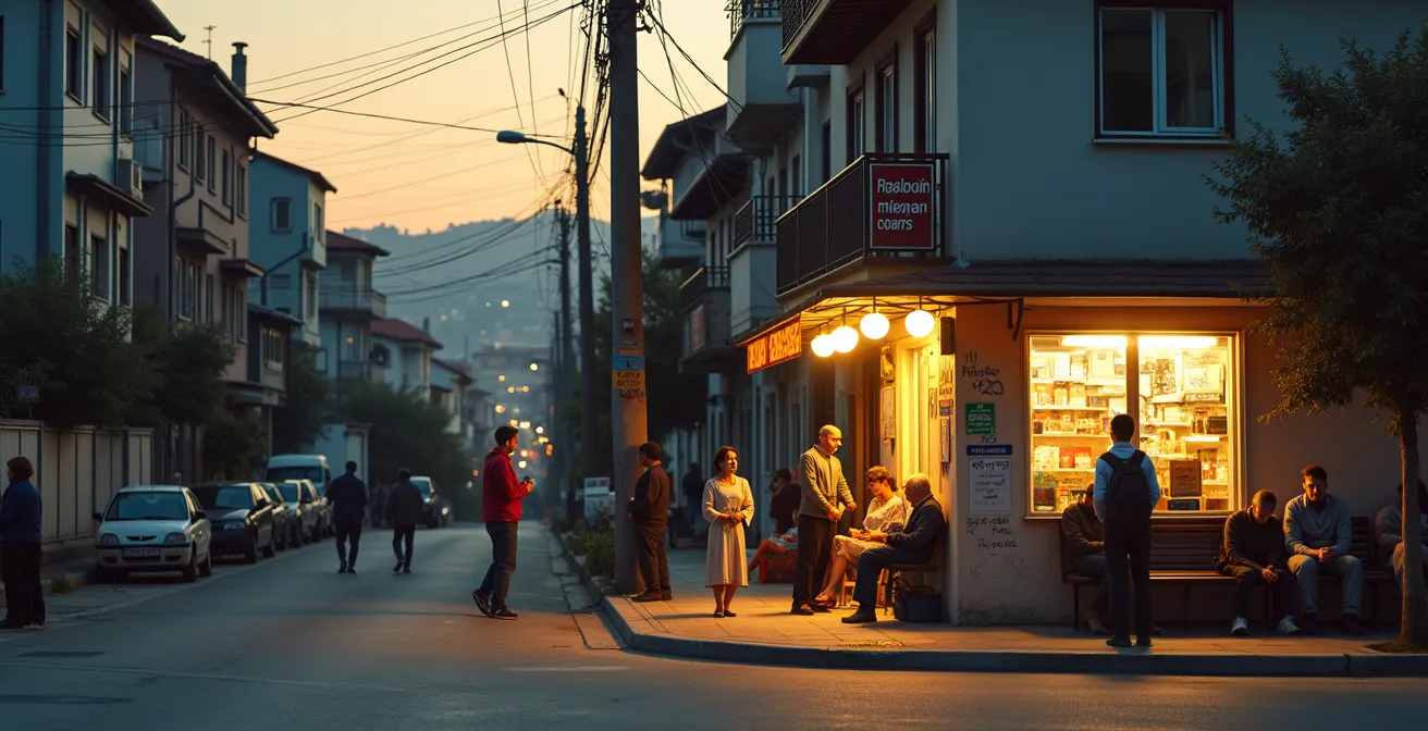 Belebte Straßenszene in einem alternativen Viertel mit sozialer Präsenz