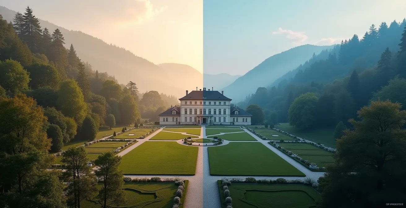 Gespiegelte Komposition zweier Schlösser in unterschiedlichen Landschaften, links intim und naturverbunden, rechts monumental und symmetrisch