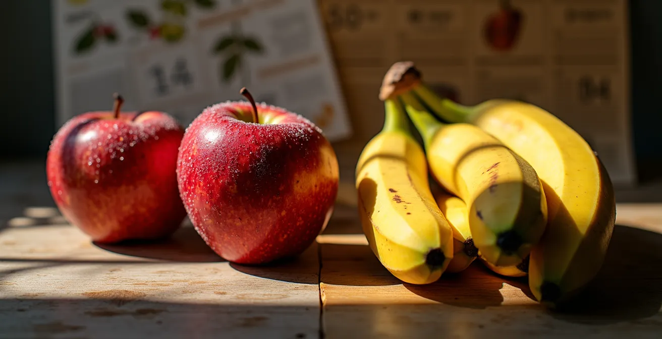 Stillleben mit deutschen Äpfeln und exotischen Früchten auf Holztisch