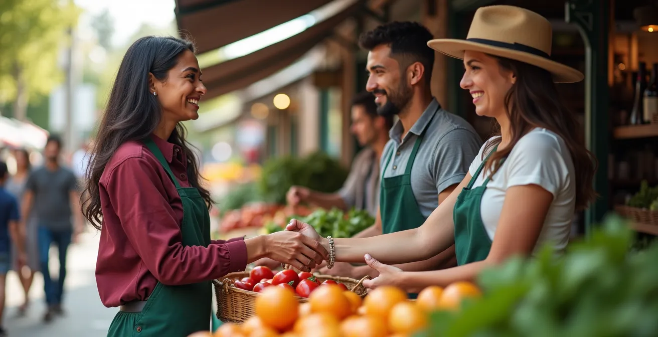 Blick über einen lebendigen Wochenmarkt in einem deutschen Stadtviertel
