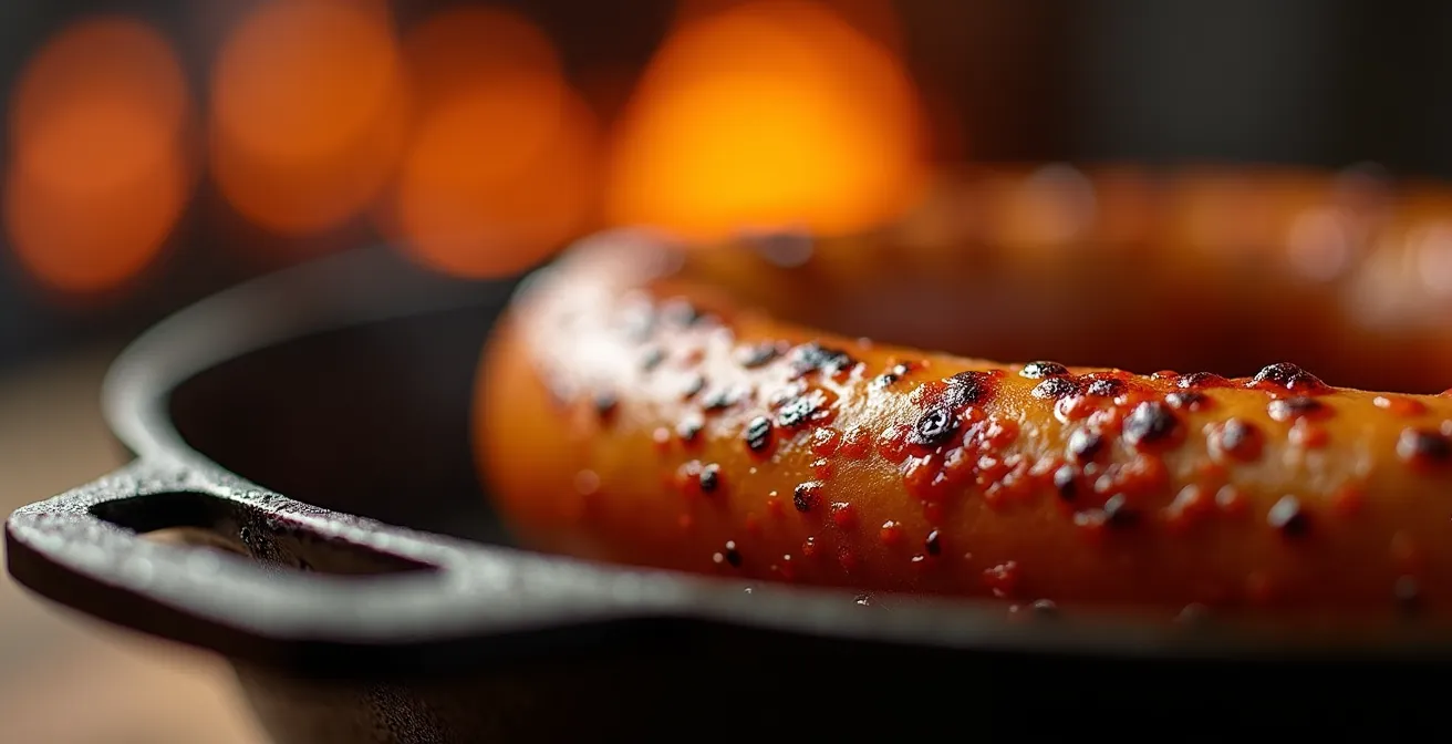 Nahaufnahme einer Bratwurst in gusseiserner Pfanne mit karamellisierter Kruste