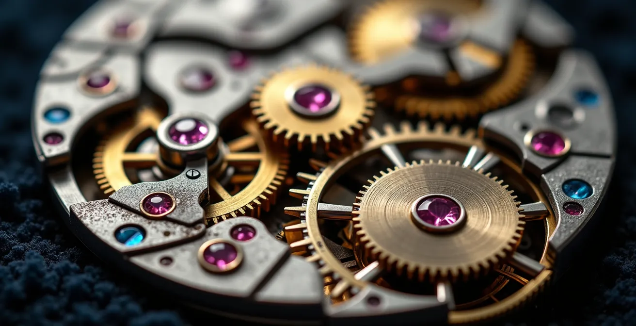 Makroaufnahme eines mechanischen Uhrwerks mit sichtbaren Zahnrädern und Rubinen