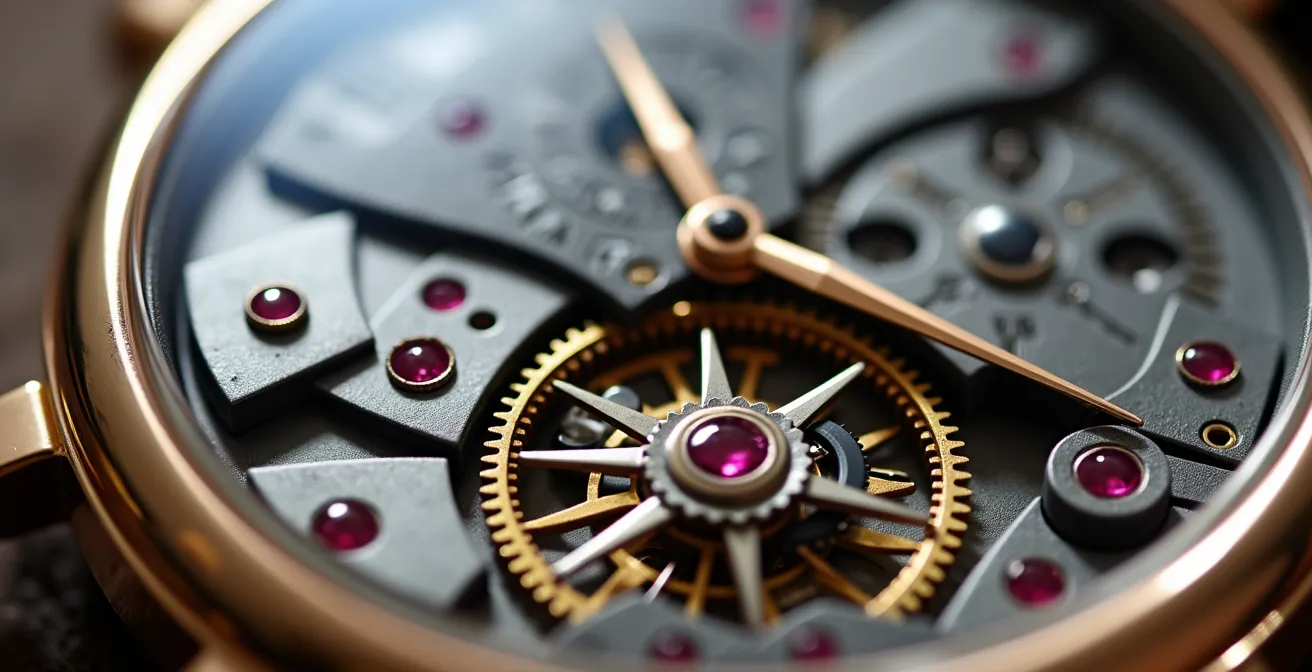 Makroaufnahme eines mechanischen Uhrwerks mit sichtbarer Unruh