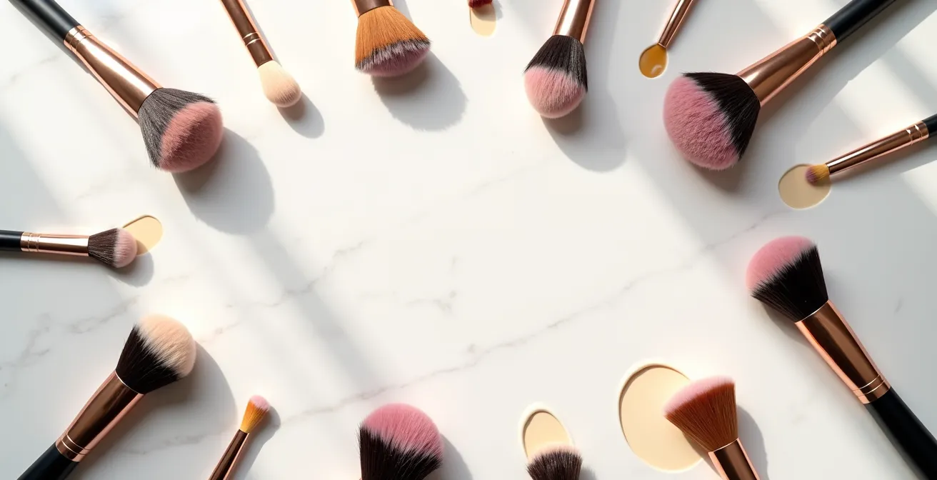 Frauenhand mit Make-up-Pinsel und schimmernder Textur