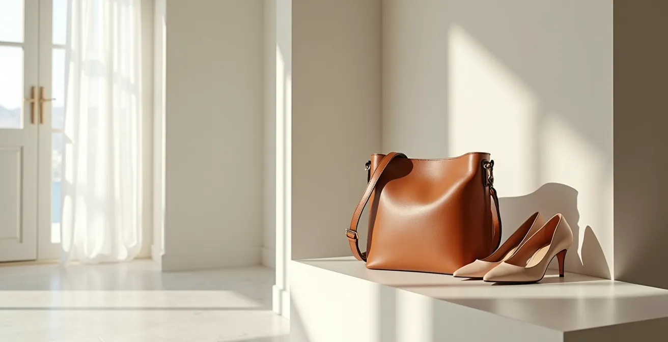 Stilvolle Arrangement von Tasche und Schuhen in komplementären Farbtönen