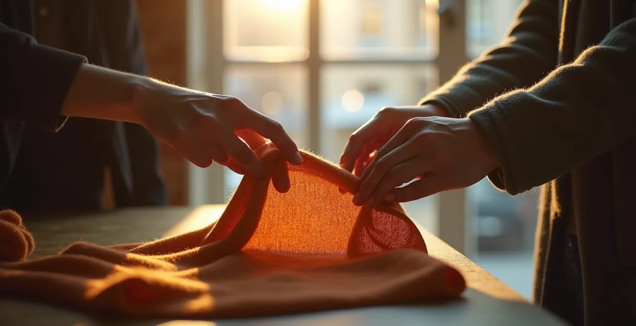 Hände halten ein Stück Wollstoff sanft gespannt gegen eine helle Lichtquelle, um die Textur auf Mottenlöcher zu prüfen.