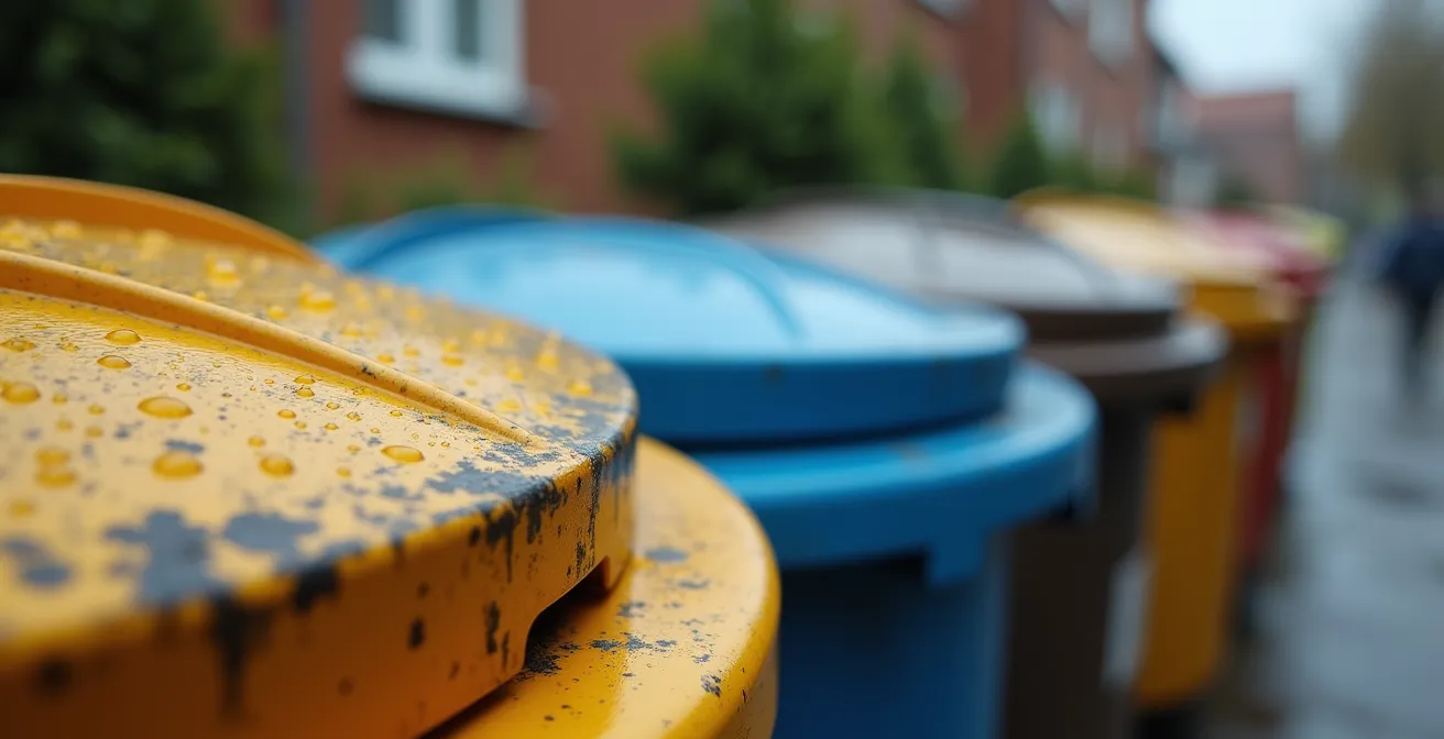 Nahaufnahme von farbkodierten Mülltonnendeckeln mit unscharfem Hintergrund