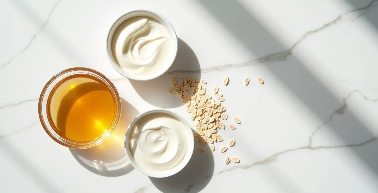 Minimalistische Anordnung natürlicher Küchenzutaten für DIY-Kosmetik