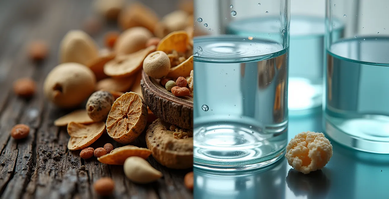 Makroaufnahme von Pflanzenwurzeln neben synthetischen Molekülstrukturen, die den Kontrast zwischen Natur und Wissenschaft darstellt.