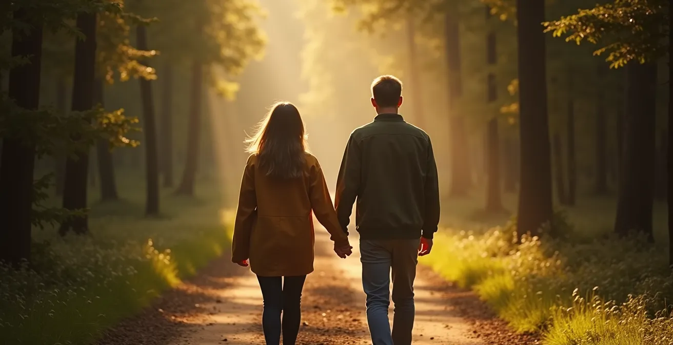 Zwei Menschen beim achtsamen Spaziergang in der Natur