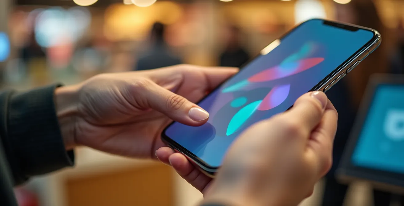 Eine Person hält ein Smartphone in der Hand, auf dem die Payback-App geöffnet ist, um an der Kasse Coupons zu aktivieren.