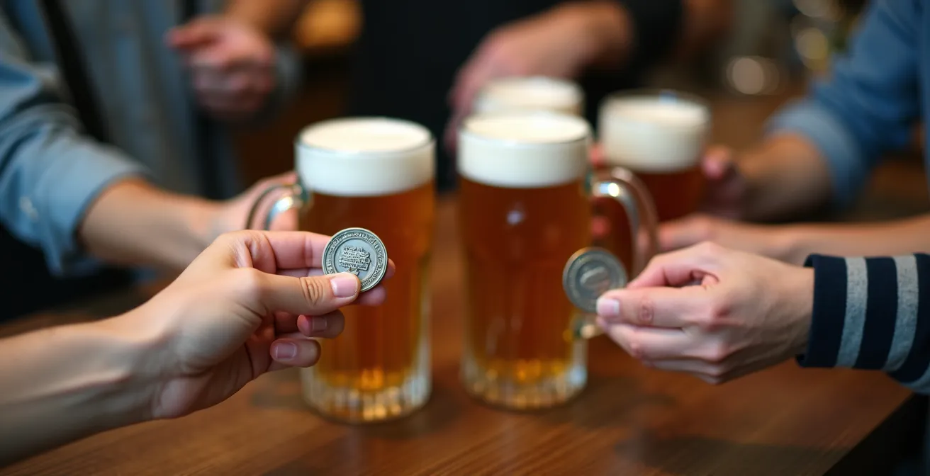 Hände halten Maßkrug und Pfandmarke im Biergarten