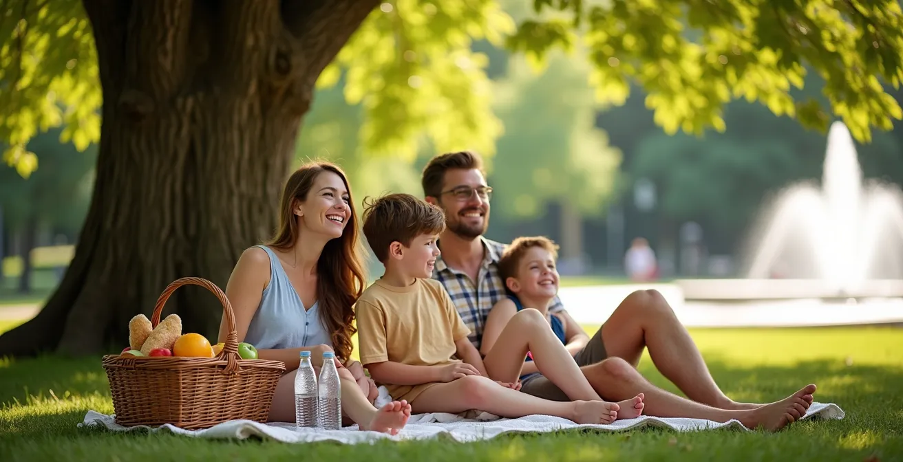 Familie genießt Picknick im Schatten alter Bäume im Park Sanssouci