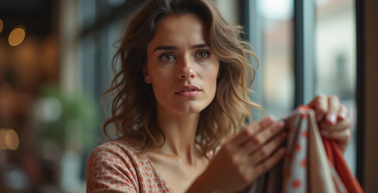 Eine Person hält nachdenklich mehrere Kleidungsstücke in der Hand, was den inneren Konflikt einer Kaufentscheidung symbolisiert.
