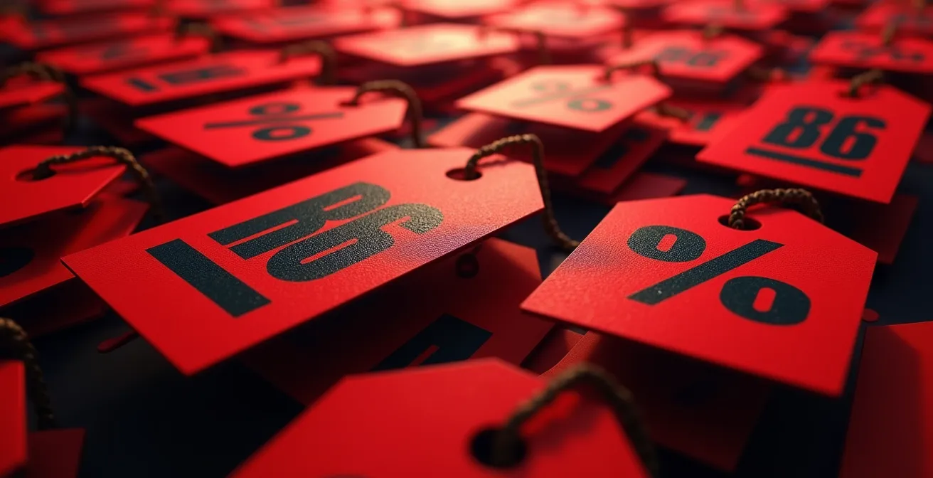 Nahaufnahme von Preisschildern mit durchgestrichenen Preisen und Rabattzeichen