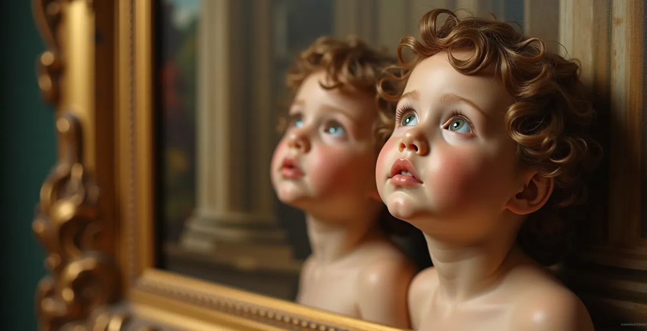 Nahaufnahme zweier verträumter Putten am unteren Rand eines barocken Gemäldes