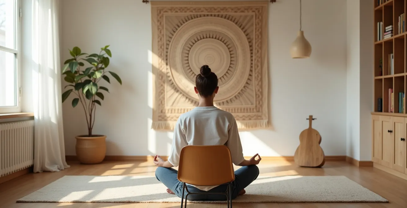 Minimalistischer Meditationsraum mit schlichtem Wandteppich und meditativer Atmosphäre