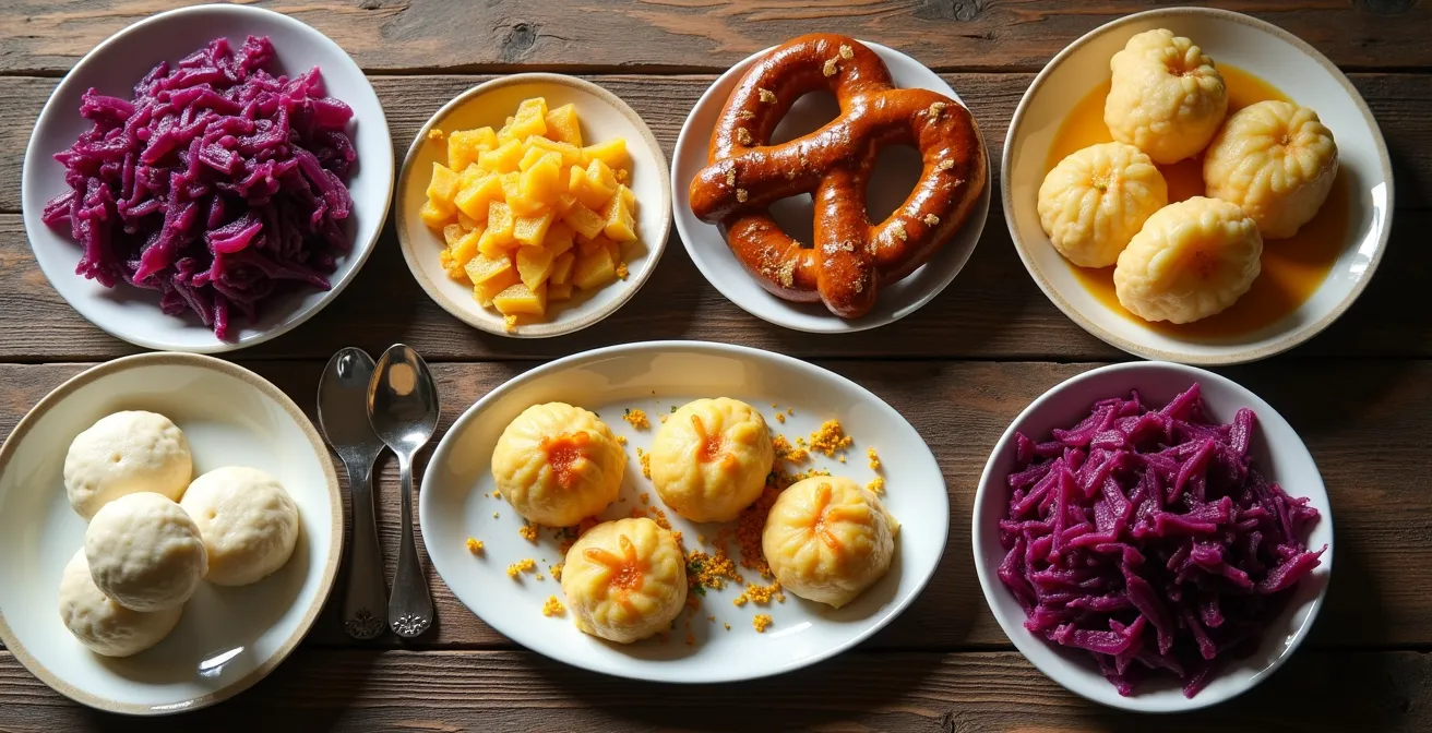 Traditionelle deutsche Beilagen regional angeordnet auf rustikalem Holztisch