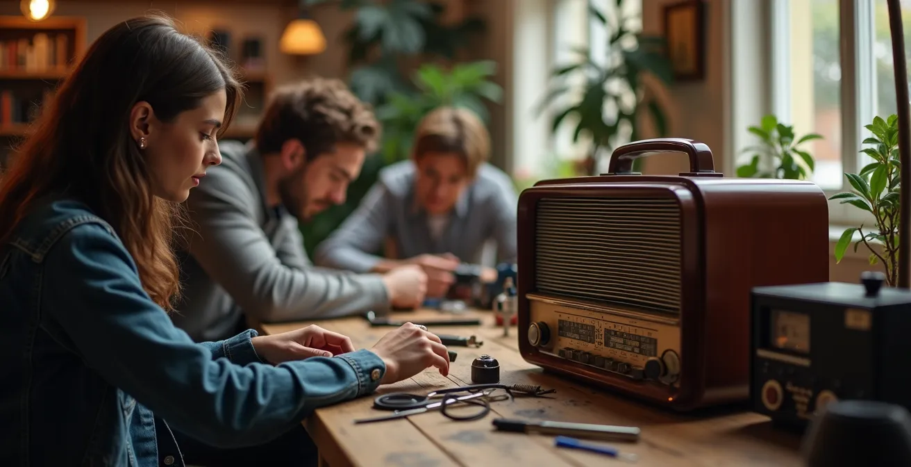 Menschen reparieren gemeinsam Elektronikgeräte in hellem Werkstattraum