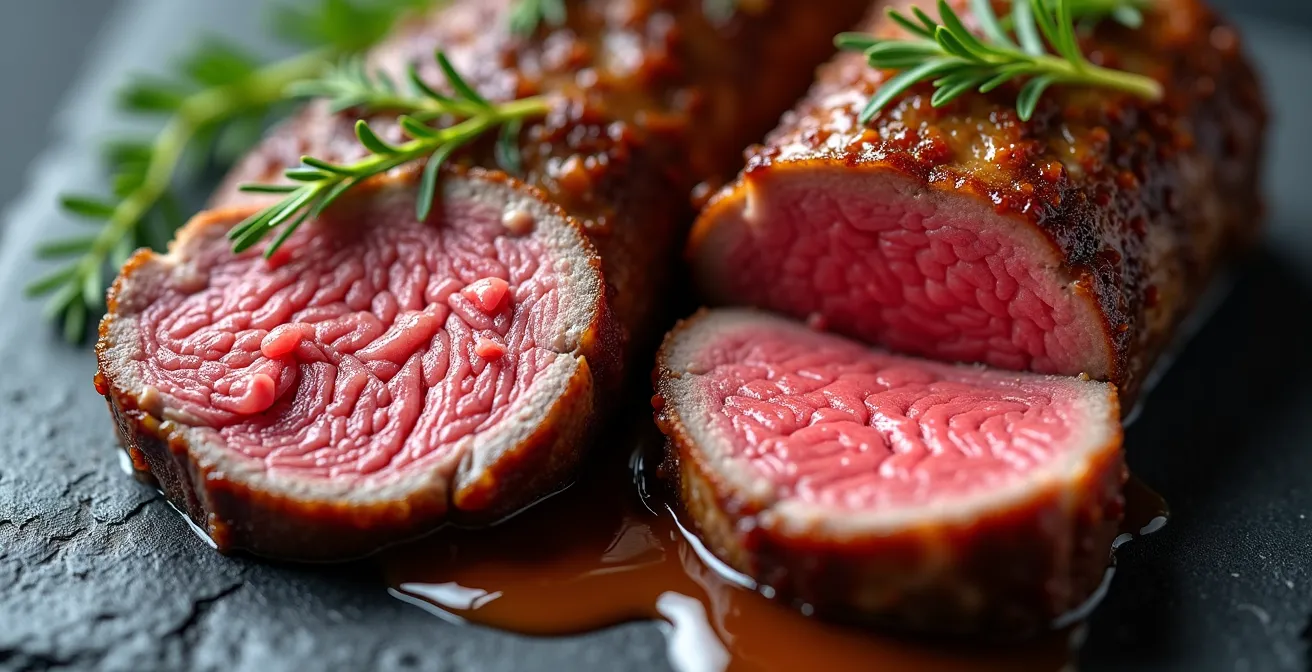 Querschnitt von zwei Rinderbraten, der den Unterschied zwischen dem rosa Kern eines gebratenen und dem mürben Fleisch eines geschmorten Bratens zeigt