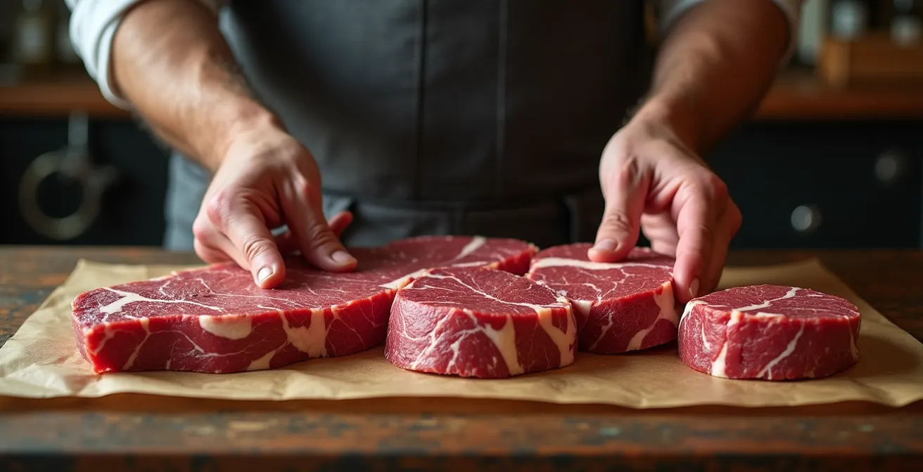 Verschiedene Rindfleischstücke mit unterschiedlicher Marmorierung liegen auf Metzgerpapier nebeneinander
