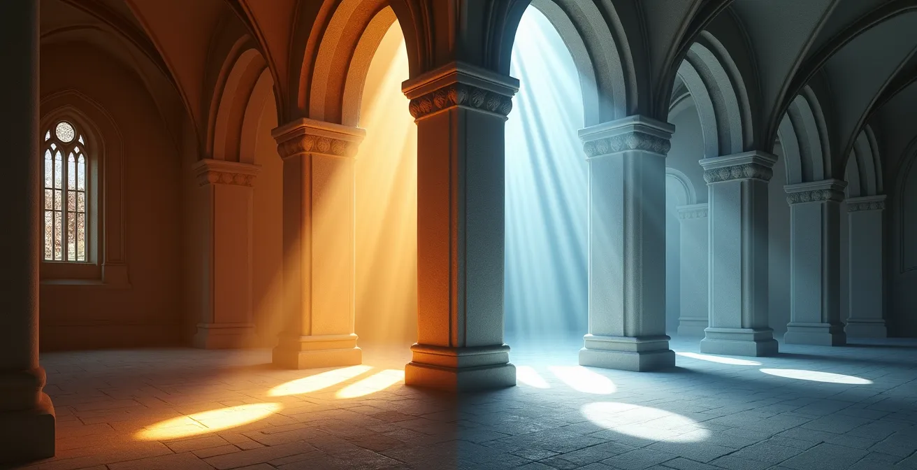 Symbolischer Vergleich der Lichtstimmung in romanischen und gotischen Kirchenräumen