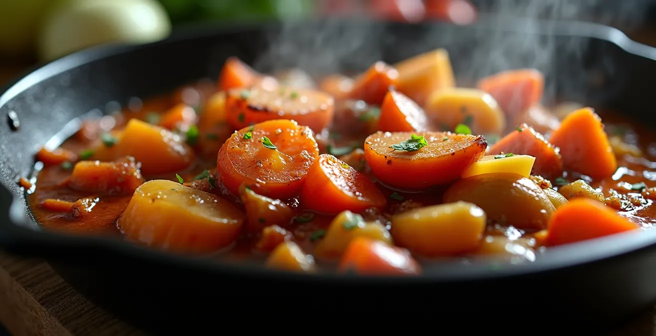 Nahaufnahme von angeröstetem Gemüse und Tomatenmark im Bräter mit Karamellisierung