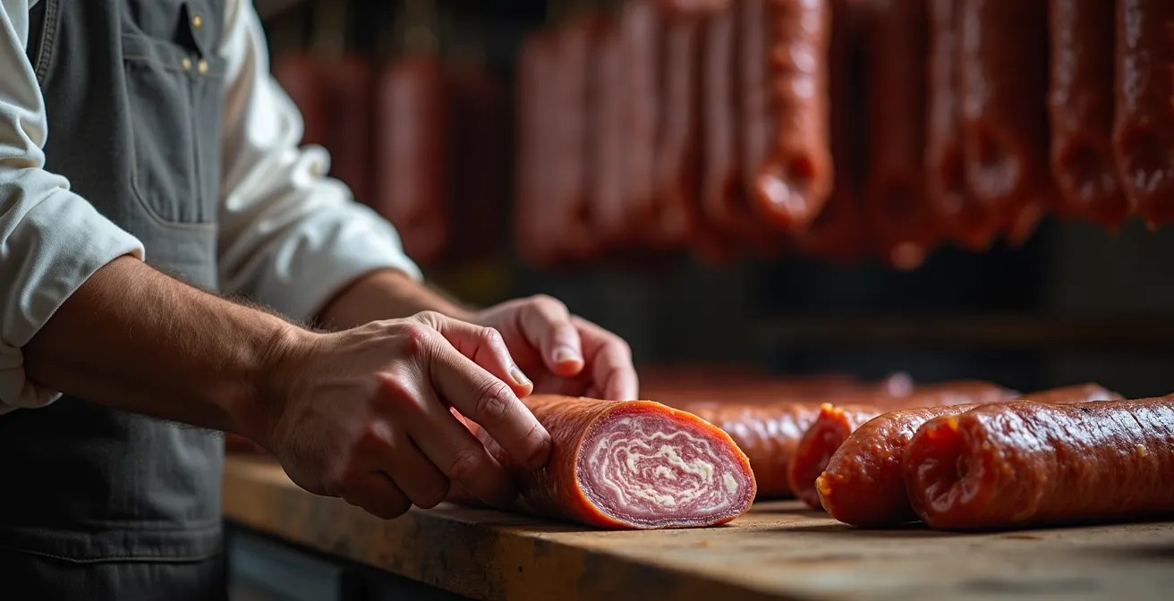 Gereifte deutsche Salami mit natürlichem Edelschimmel in traditioneller Reifekammer