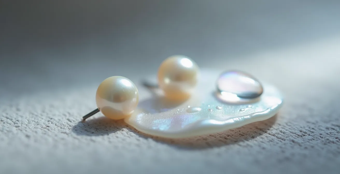 Makroaufnahme von glänzenden Perlenohrringen, die nach der richtigen Reinigung wieder strahlen.