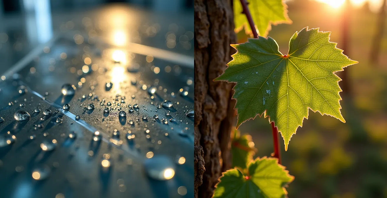 Nahaufnahme zeigt Kontrast zwischen kühler Museumsatmosphäre und warmem Weinbergambiente