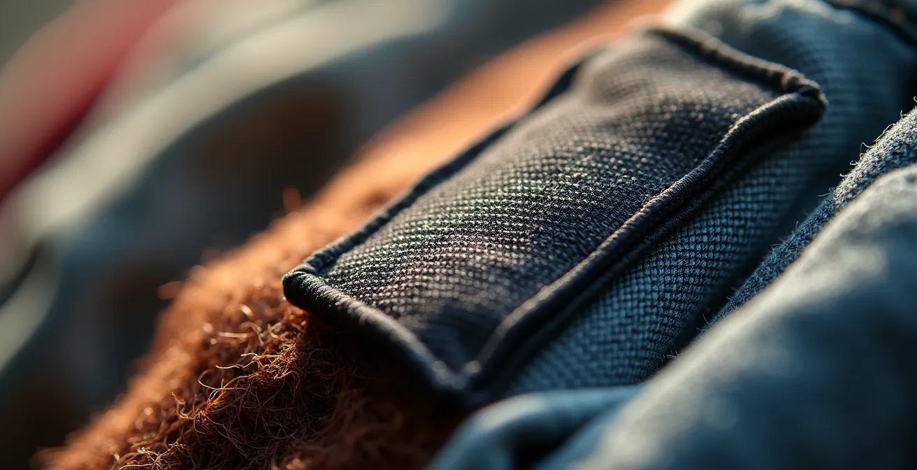 Detailaufnahme einer Produktprüfung mit Fokus auf Qualitätsmerkmale des Stoffes und der Verarbeitung eines Kleidungsstücks.