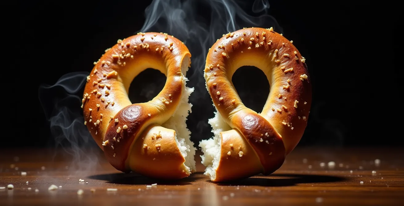 Querschnitt einer Brezel zeigt den Kontrast zwischen knuspriger Kruste und weicher Krume