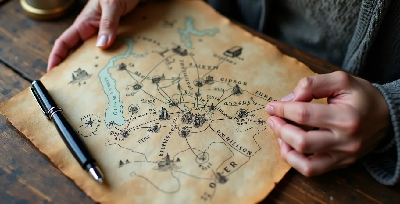 Detailaufnahme einer handgezeichneten Reisekarte mit deutschen Städten und persönlichen Notizen