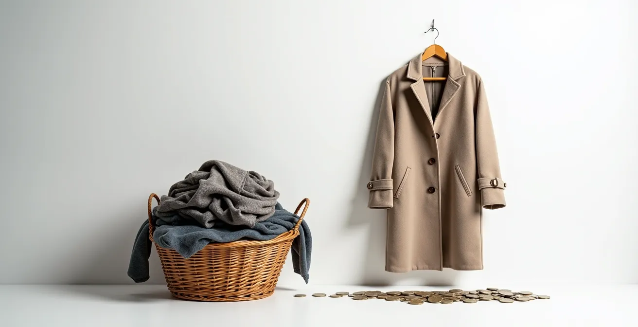 Visuelle Darstellung der versteckten Kosten von Billigkleidung im Vergleich zu hochwertigen Stücken