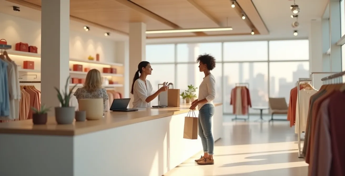 Kundenservice-Bereich mit Person die Kleidung zurückgibt