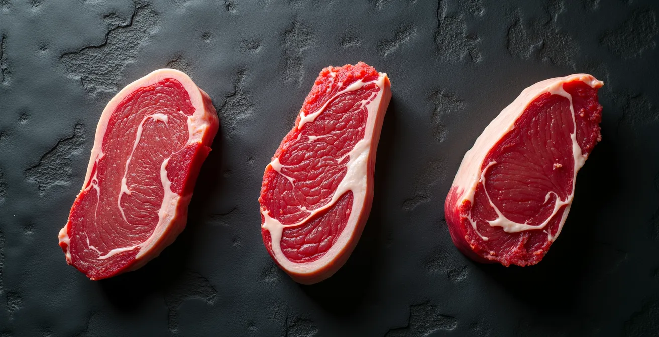 Drei verschiedene Fleischsorten – Rind, Wild und Pferd – auf einer dunklen Schieferplatte arrangiert, um ihre unterschiedlichen Texturen und Marmorierungen zu zeigen.