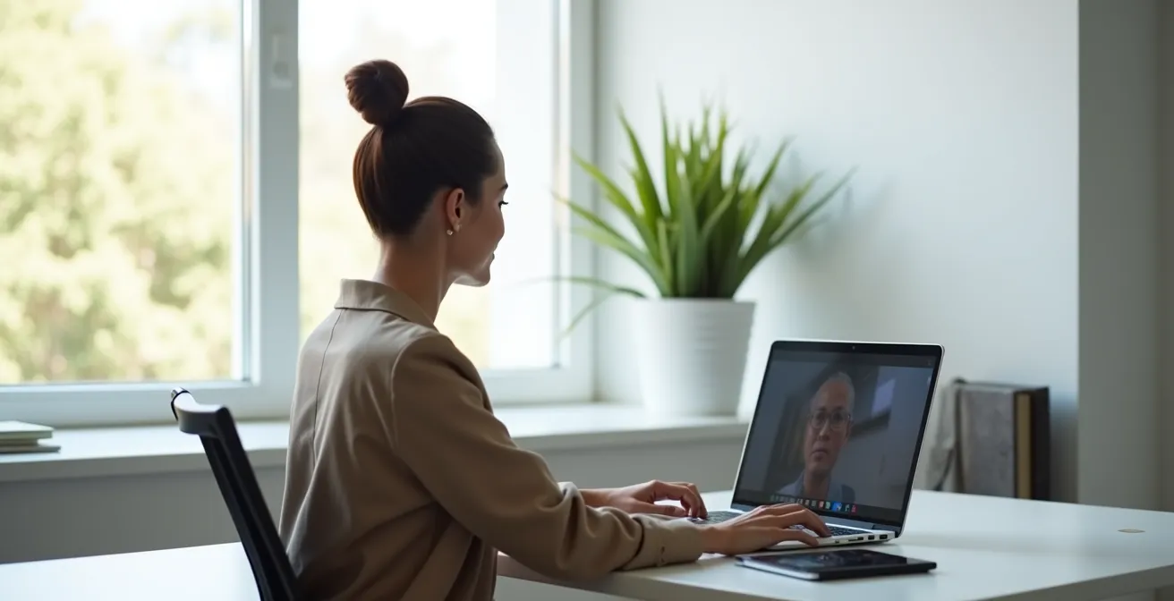 Geschäftsfrau im Videocall mit dezenten Ohrsteckern statt hängenden Ohrringen, was Professionalität unterstreicht.