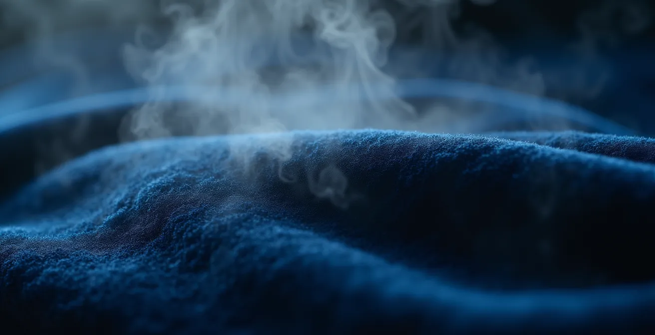 Makroaufnahme von Dampf der sanft über dunkelblauen Vintage-Samt strömt und die Fasern auffrischt