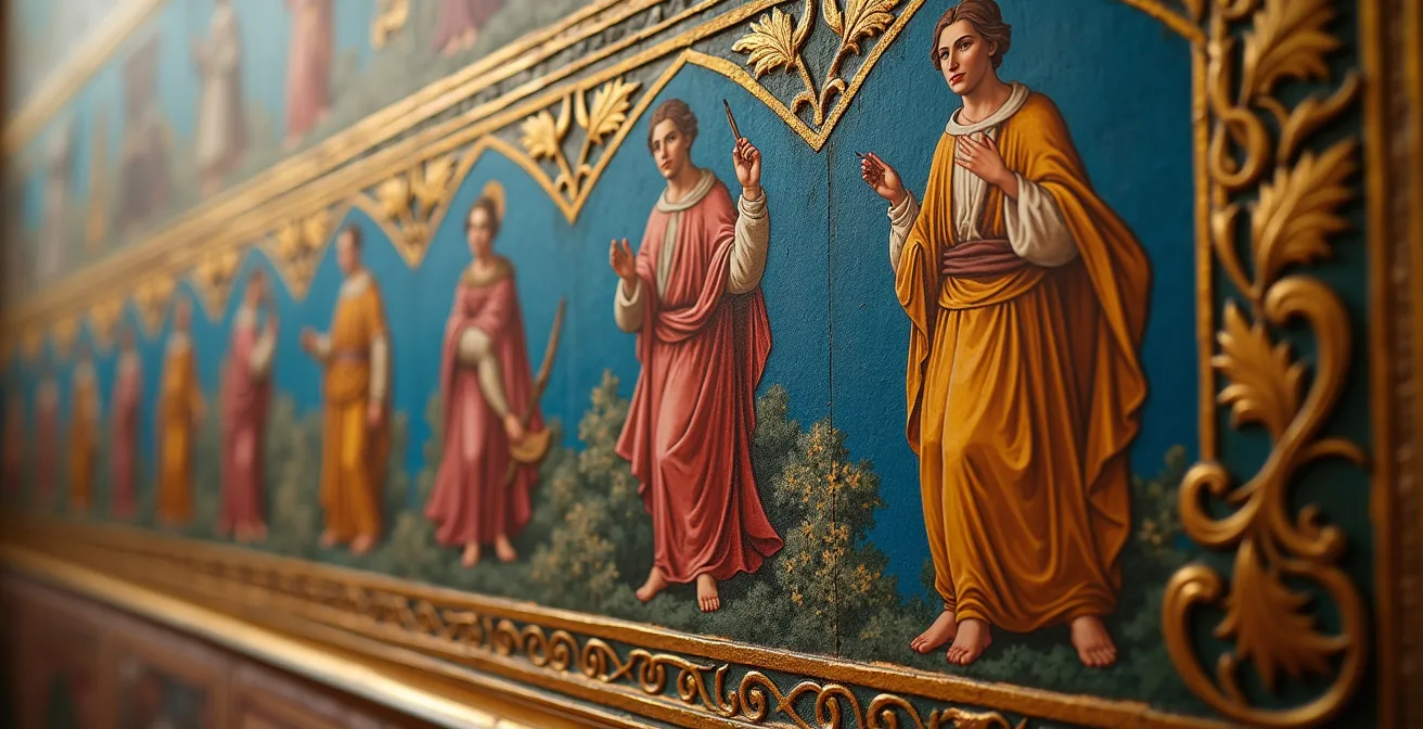 Detailaufnahme von goldverzierten Wandmalereien mit mythologischen Figuren in dramatischer Beleuchtung