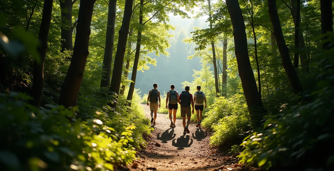 Schattiger Waldweg zum Schloss mit wandernden Besuchern im gefleckten Sonnenlicht