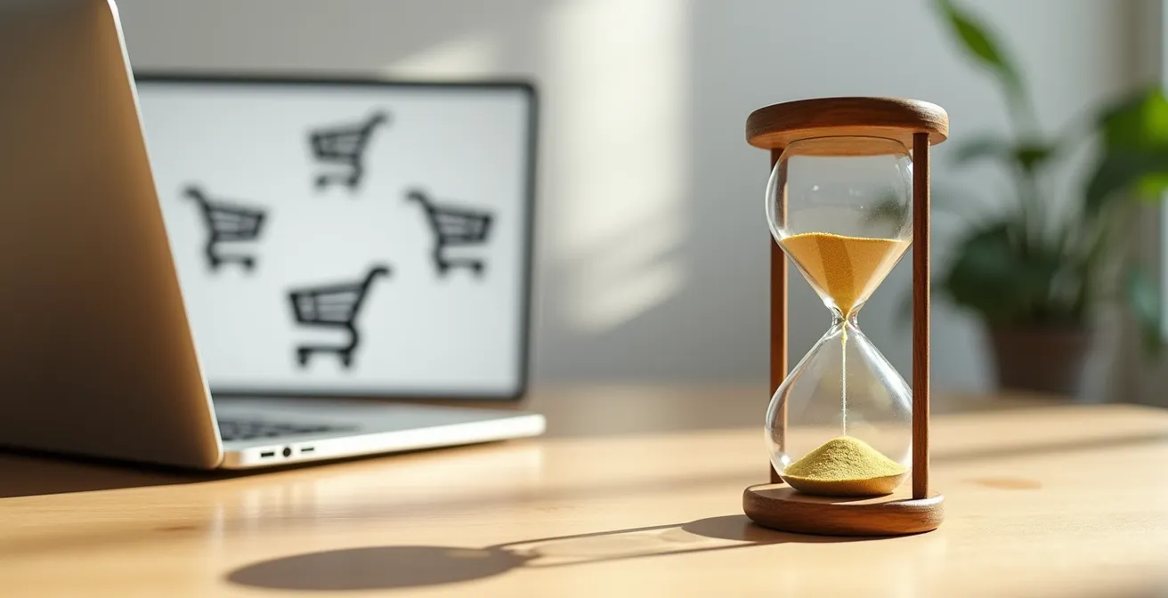 Ein verlassener digitaler Warenkorb mit einem Stundenglas-Symbol, das den psychologischen Sweet Spot des Wartens symbolisiert.