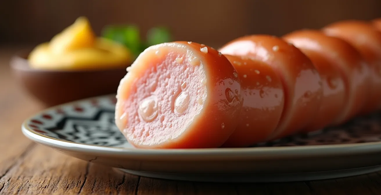 Bayerische Weißwurst mit süßem Senf und Breze auf traditionellem Holzteller