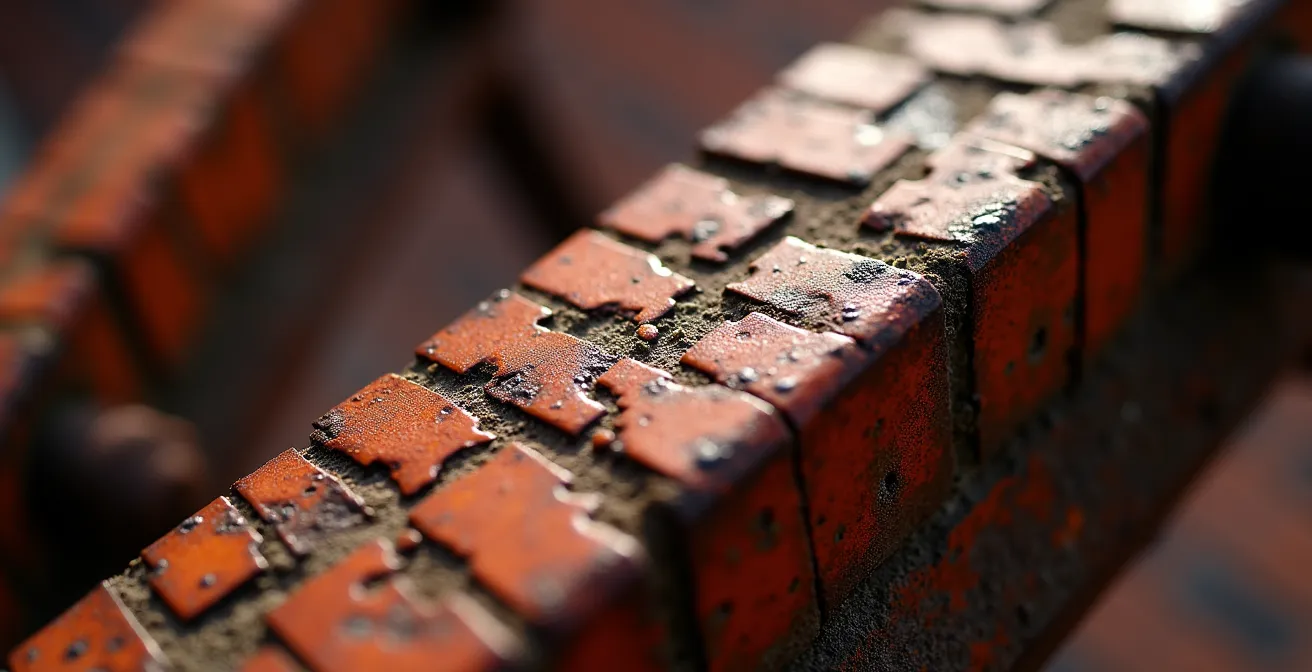 Makroaufnahme der charakteristischen roten Backsteinarchitektur der Zeche Zollverein mit geometrischen Schatten