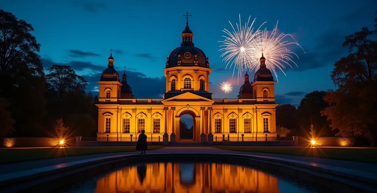 Nächtliche Ansicht des beleuchteten Wallpavillons mit warmem Kerzenlicht und Feuerwerk am Himmel